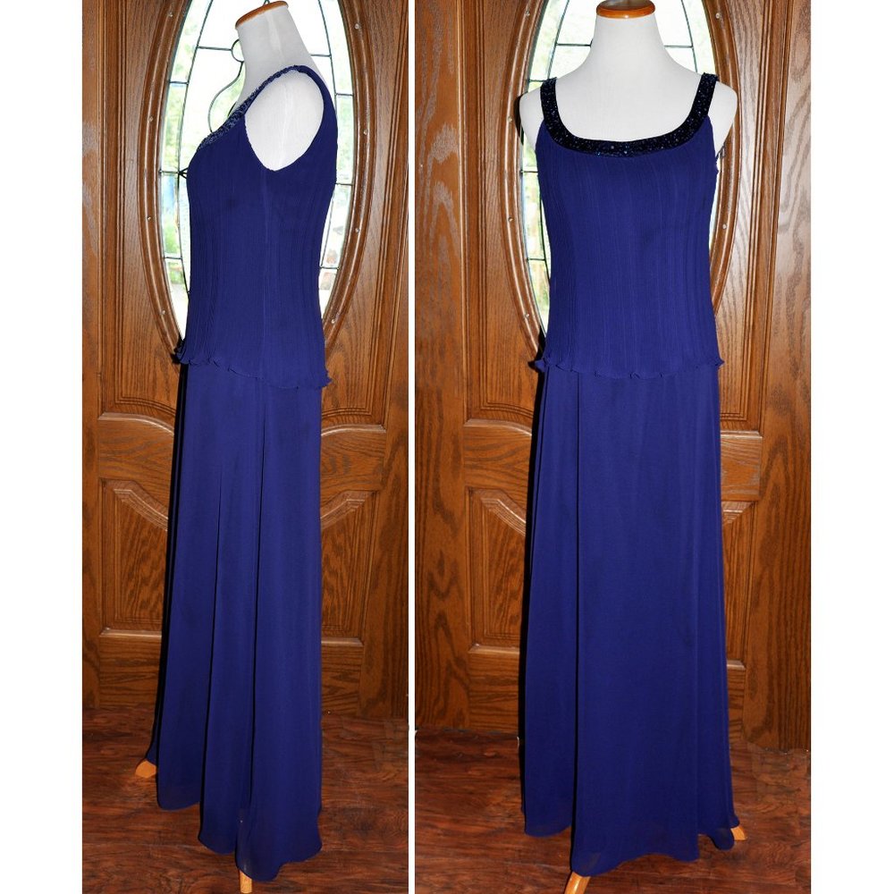 Vintage Patra Navy Blue Sleeveless Pleated Beaded Neckline Formal Evening Gown